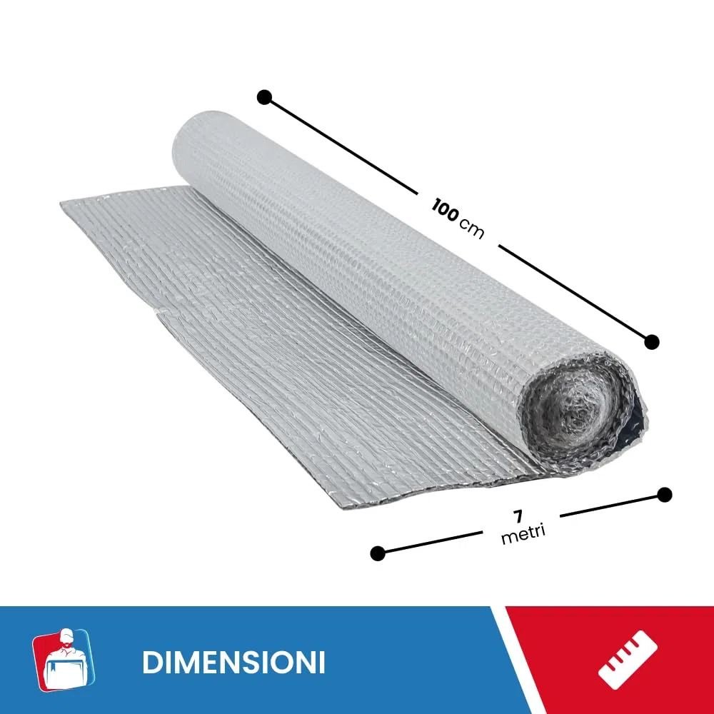 IMBALLAGGI 2000 - Pannelli Termoriflettenti per Termosifoni 1x7M/7mq, 1 Rotolo + Nastro Biadesivo, Pannelli Isolanti Termici per Interni, Porte Finestre Pavimenti Tetti, Isolante Termico Impermeabile