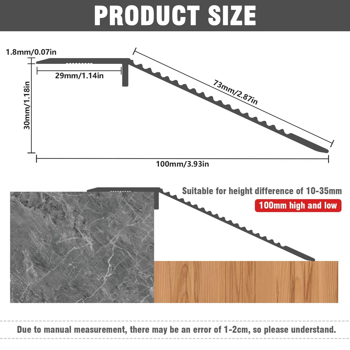 Profilo di Transizione per Bilanciamento Dell'altezza, 0,9 m x 10 cm, In alluminio, Profilo di Transizione Autoadesivo, Compensazione Dell'altezza 10 – 35 mm, Adatto per Soglie, Rampe, Laminato