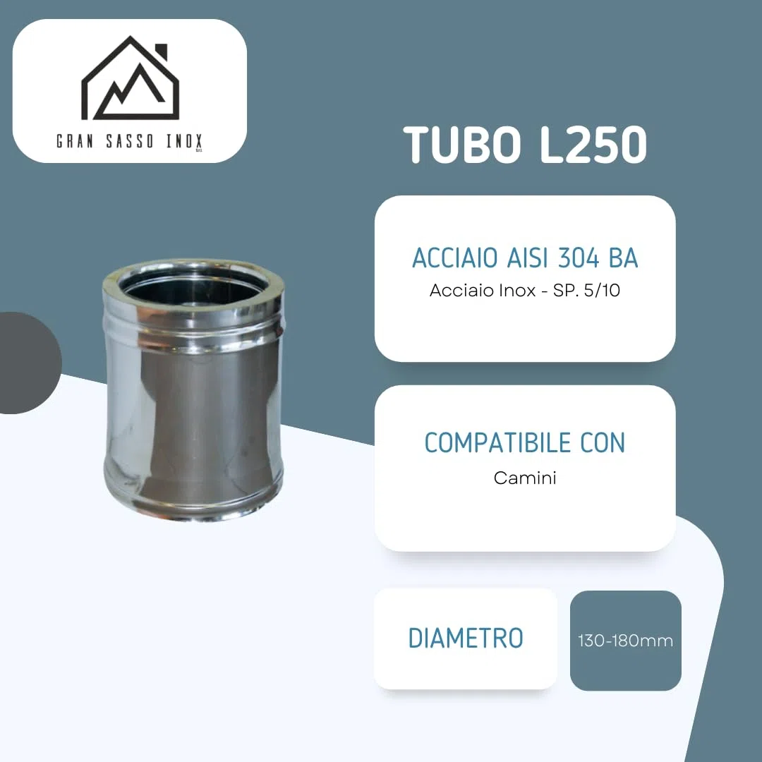 Tubo Coibentato Doppia Parete in Lana di Roccia - in Acciaio Inox AISI 304 BA SP. 5/10 – per Camini -Lunghezza 250 mm – Diametro 130-180mm