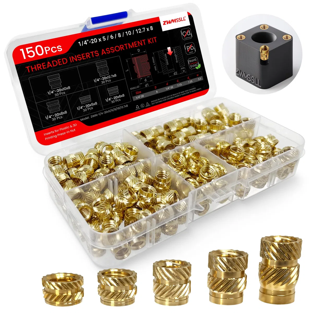 Inserti filettati da 1/4"-20x5/6/8/10/5x8 - 150 pezzi - Assortimento di scatole - Inserti in ottone per componenti di stampa 3D e parti in plastica