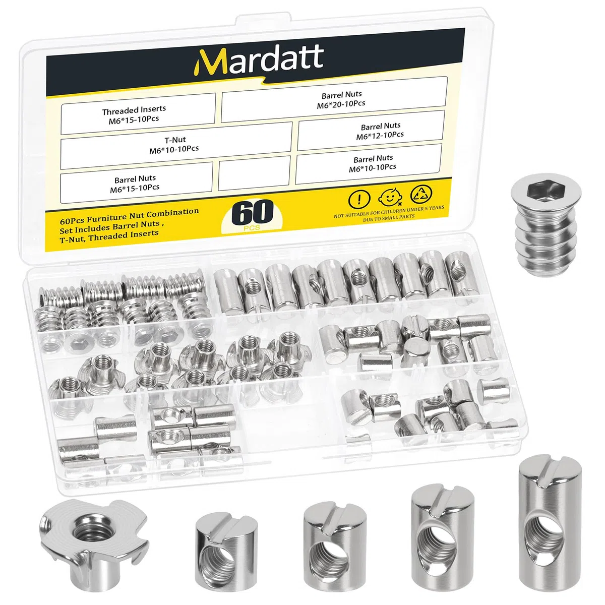 60 dadi a barilotto M6 x 10/12/15/20 mm, in acciaio al carbonio nichelato argento, tasselli a croce scanalati, inserti filettati M6 x 15 mm con kit di dadi a T M6 x 10 mm, per viti per mobili