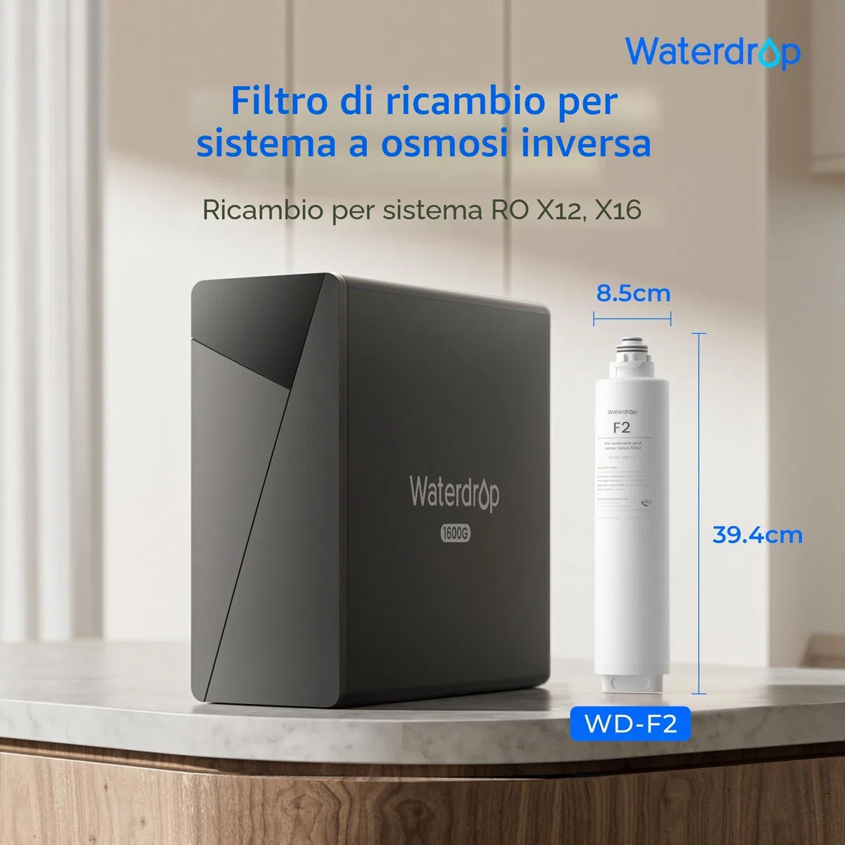 Waterdrop WD-F2 Filtro, Sostituzione per Tutti Sistemi ad Osmosi Inversa Della Serie WD-X, WD-X8 & X12-Basic & WD-X12-Alkaline & WD-X16, Durata di 6-Mesi