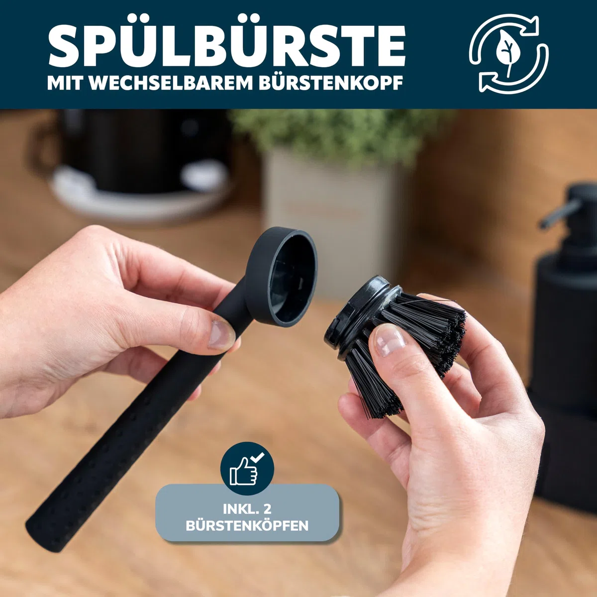 eluno Organizzatore per lavello con superficie soft-touch dal design a coste per cucina e bagno, incl. dispenser di sapone, spazzola per lavare i piatti, con testina di ricambio, nero