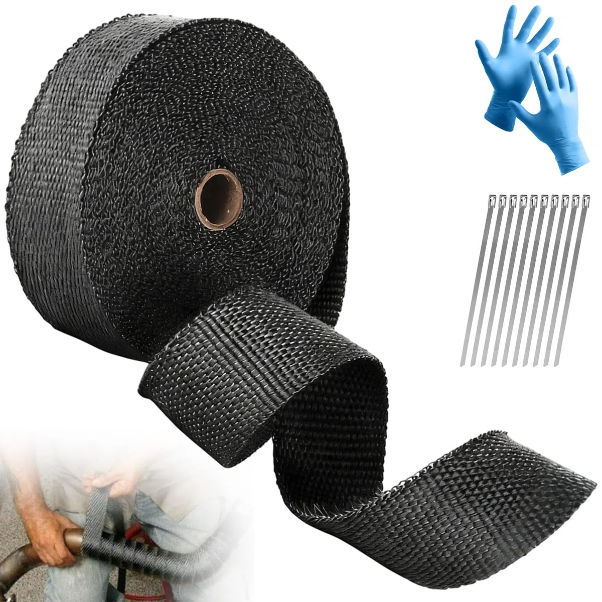 Benda Termica Scarico Marmitta con 10 Fascette Metalliche e Guanti, Fascia Protezione Calore 10M x 5cm,Termiche Bende Auto Fibra Vetro,Nastro Termico Isolante per Tubo Scarico Moto e Automobile (Nero)