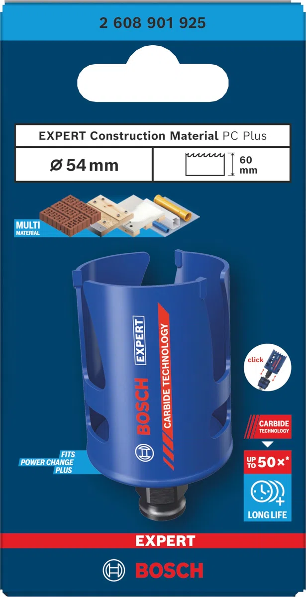 Bosch 1x Sega a tazza EXPERT Construction Material PC Plus (per Legno tenero, Truciolato, Ø 54 mm, Professional Accessorio Trapanoi)
