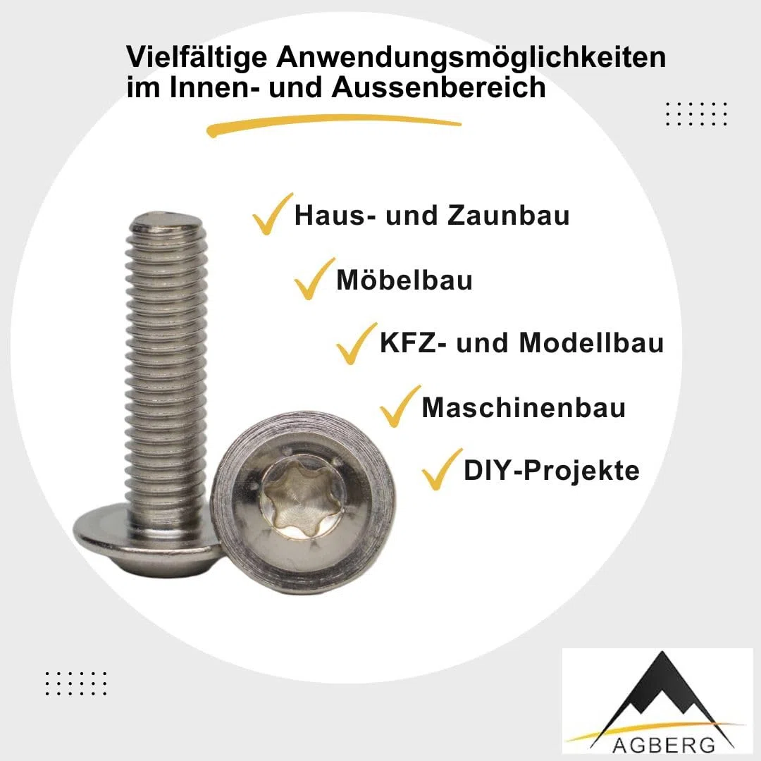 AGBERG - Viti a testa bombata M10 x 65 con flangia e Torx (TX) - Viti a testa bombata [20 pezzi] in acciaio inossidabile A2 V2A, inossidabile - ISO 7380-2
