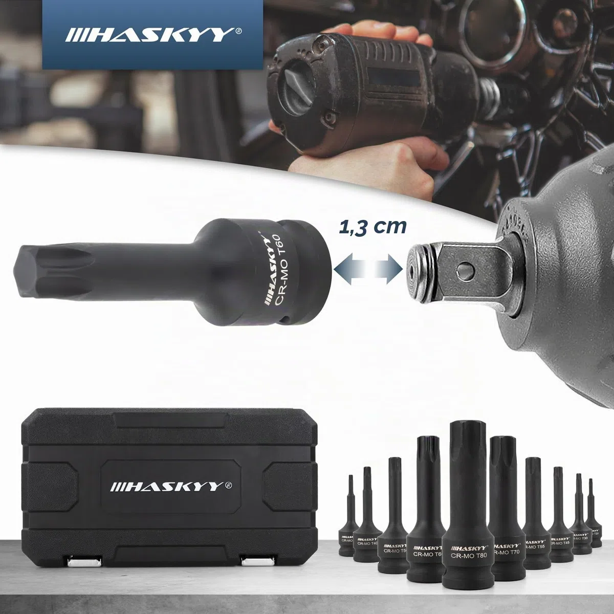 HASKYY Set di chiavi a bussola con punte Torx da 1/2 pollici, set di bit T20-T80, 10 pezzi - Set di chiavi a bussola Torx per auto, manutenzione del motore, manutenzione dei freni e riparazione del