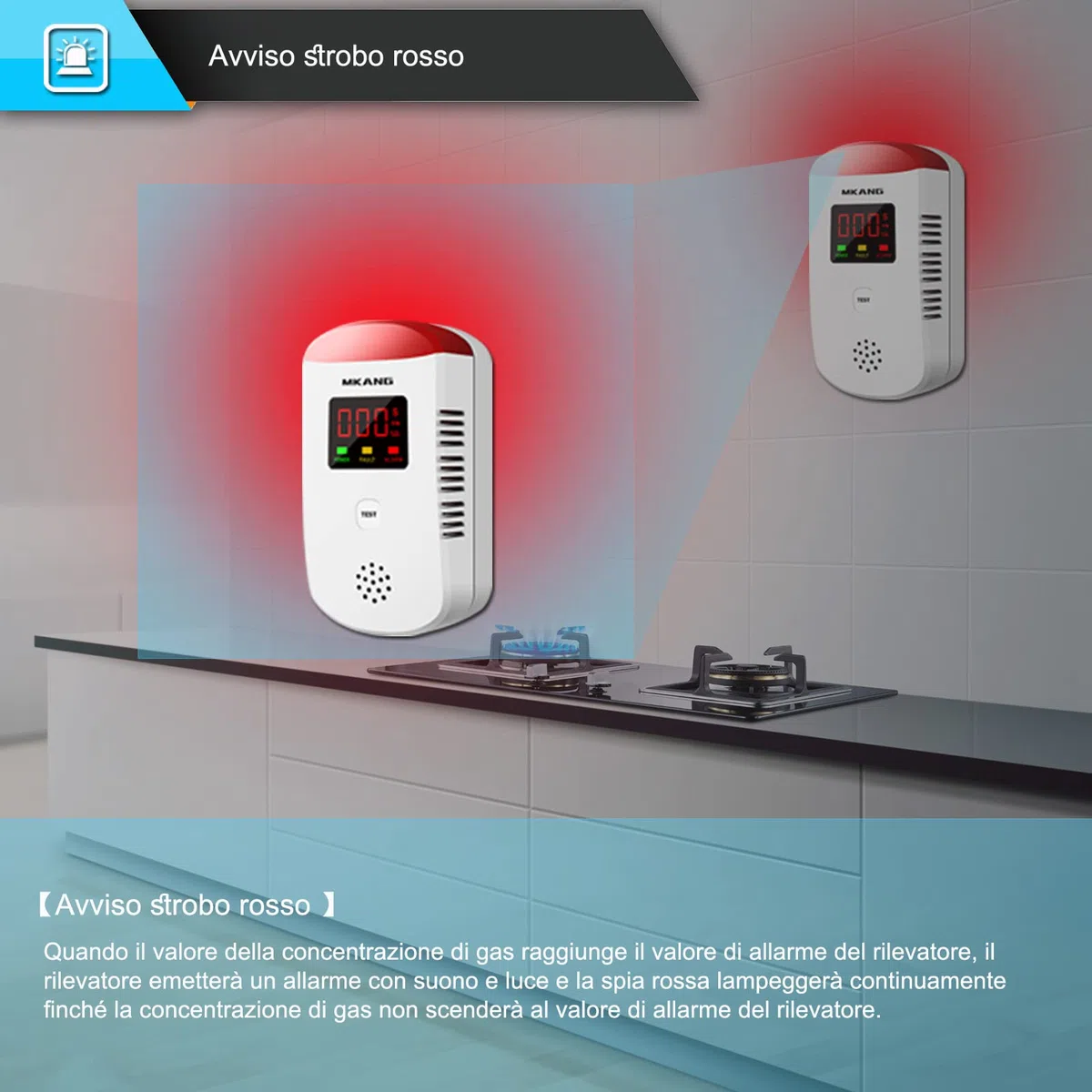MKANG Rilevatore di perdite di gas GPL/naturale/metano/propano/butano/combustibile plug-in domestico con allarme vocale italiano e display di concentrazione di gas