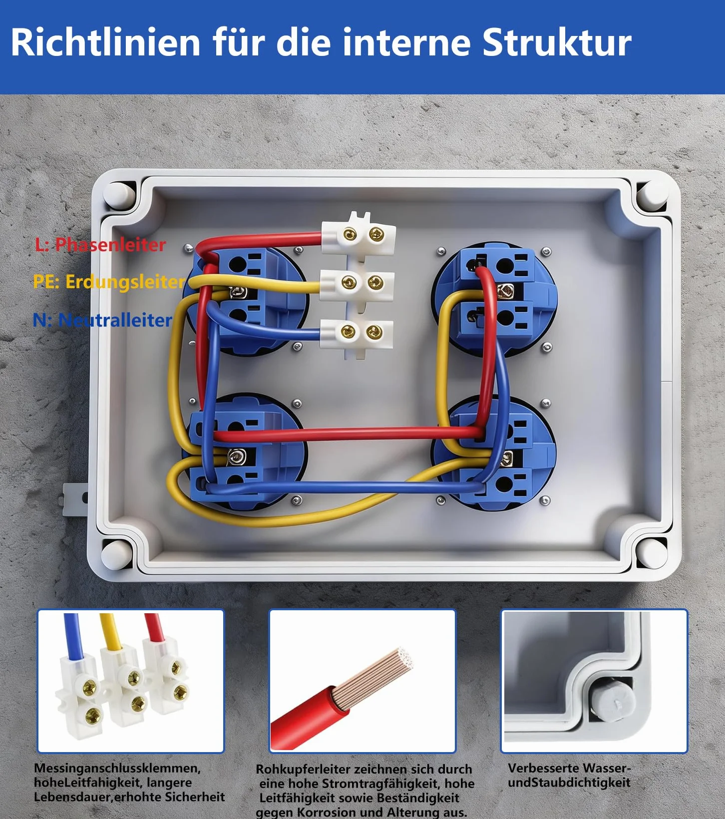 Distributore di corrente da parete 16 A precablato,scatola elettrica da parete con presa da 4 x 230 V Schuko IP44, impermeabile a parete per cantieri case interni ed esterni