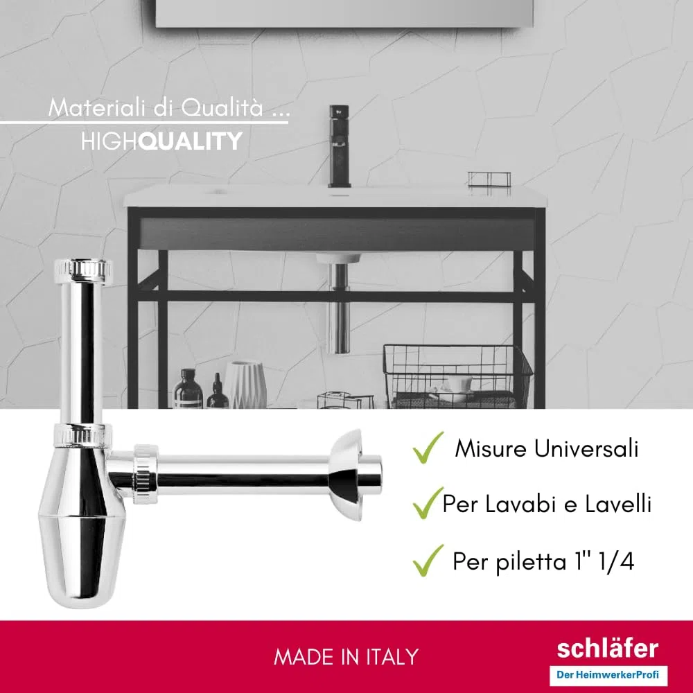 Schläfer 4396115 | Sifone in Abs 1 1/4 Cromato, Sifone a Bottiglia per lavabo e Bidet, Scarico Lavandino Universale, Sifone in Plastica Antiodore Cromo, Tubo Scarico Muro diam 32 mm.