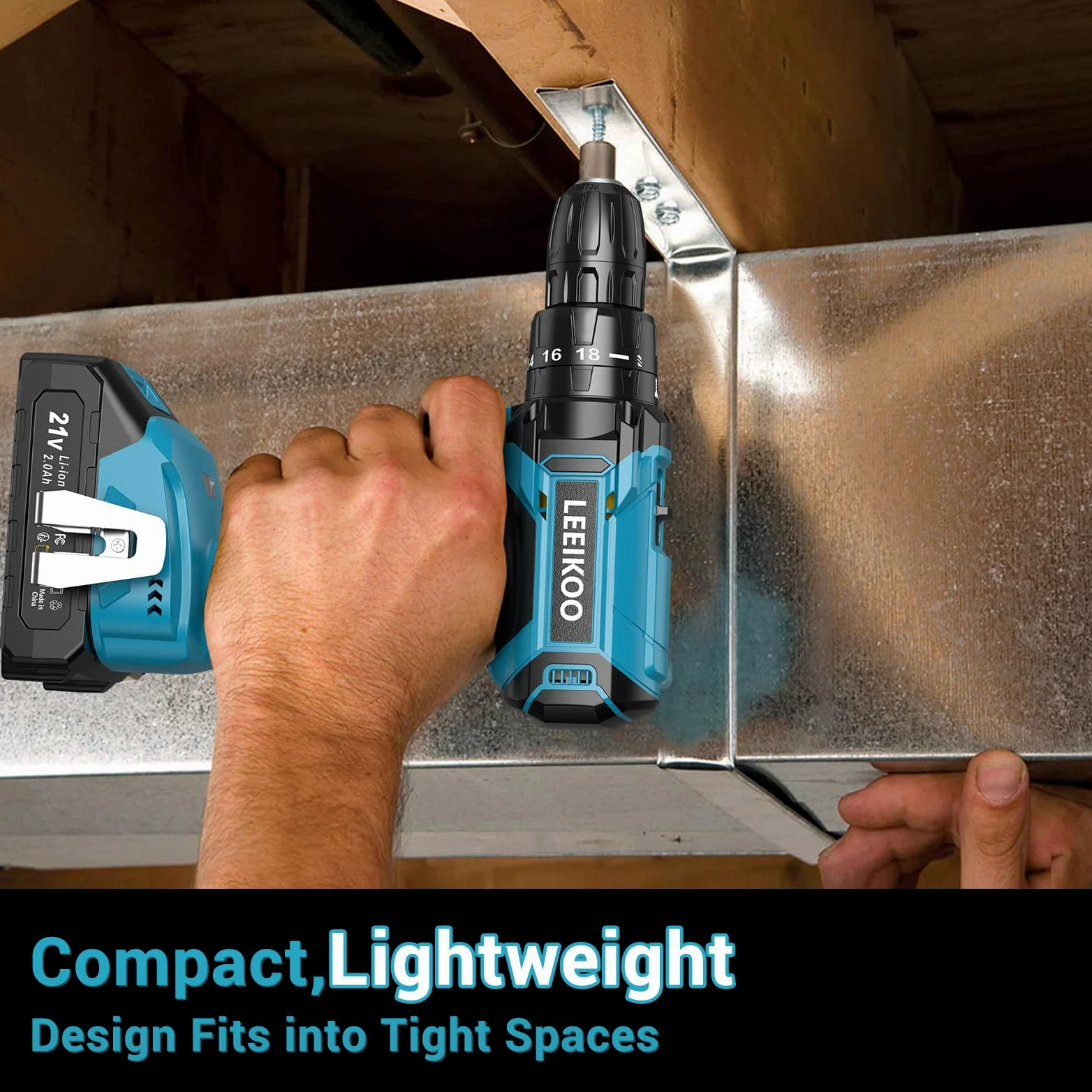 Trapano Avvitatore Batteria 21V, LEEIKOO Avvitatore Elettrico con Batteria da 2.0Ah, 42N.m di Coppia, 2 Velocità, 18+1 Coppia, 20 Accessori, Luce a LED, Per il fai da te, in Casa e Giardino