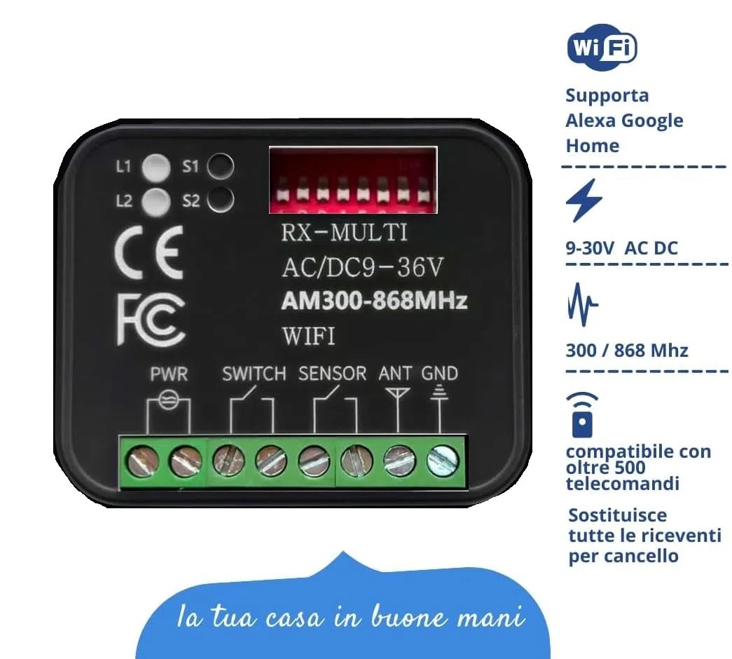 Ricevente WiFi Cancello Universale x Cancelli 9-36V Multifrequenza 300-868MHz Modulo Relè Porte da Garage Ricevitore RX Mutil per Telecomandi da Garage Serranda Luci Vocale Tuya Google Home Alexa