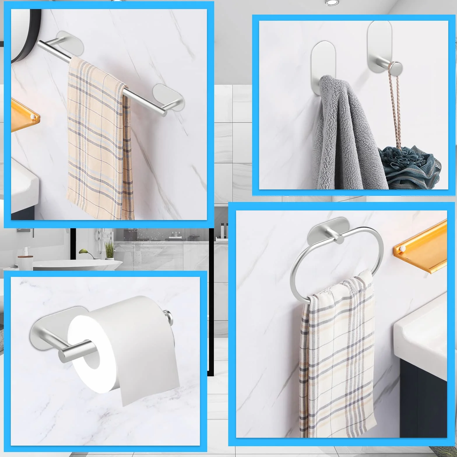 Accessori Bagno Set di 5 - Porta Asciugamani Bagno Adesivo, Porta Carta Igienica, Anello Portasciugamani, Ganci Adesivi, Argento