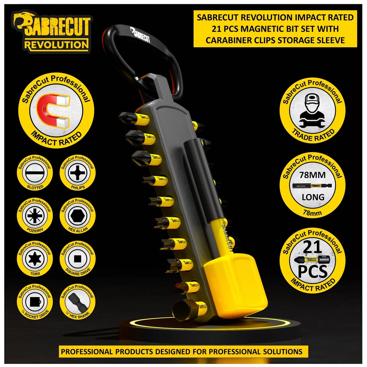 21 x SabreCut MRSCB01 Portapunte a impatto magnetico da 78mm con 20 punte da 32mm PH1 PH2 PZ1 PZ2 Torx T10 T15 T20 T25 T30 Hex HX H2 H2.5 H3 H4 H5 H6 H8 H10 SL4 Adattatore per attacco quadro