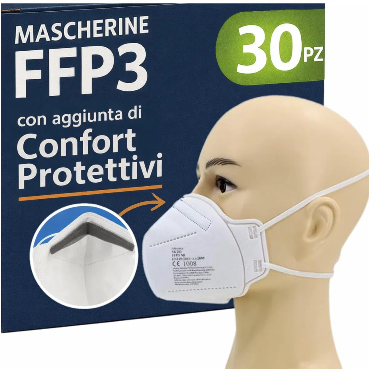 30 Mascherine FFP3 Certificate CE, Mascherina 5 Strati Senza Valvola, Maschera Facciale Protezione da Polvere e Antiparticolato, Protettiva con Alta Efficienza di Filtraggio BFE≥98, 30 Pezzi