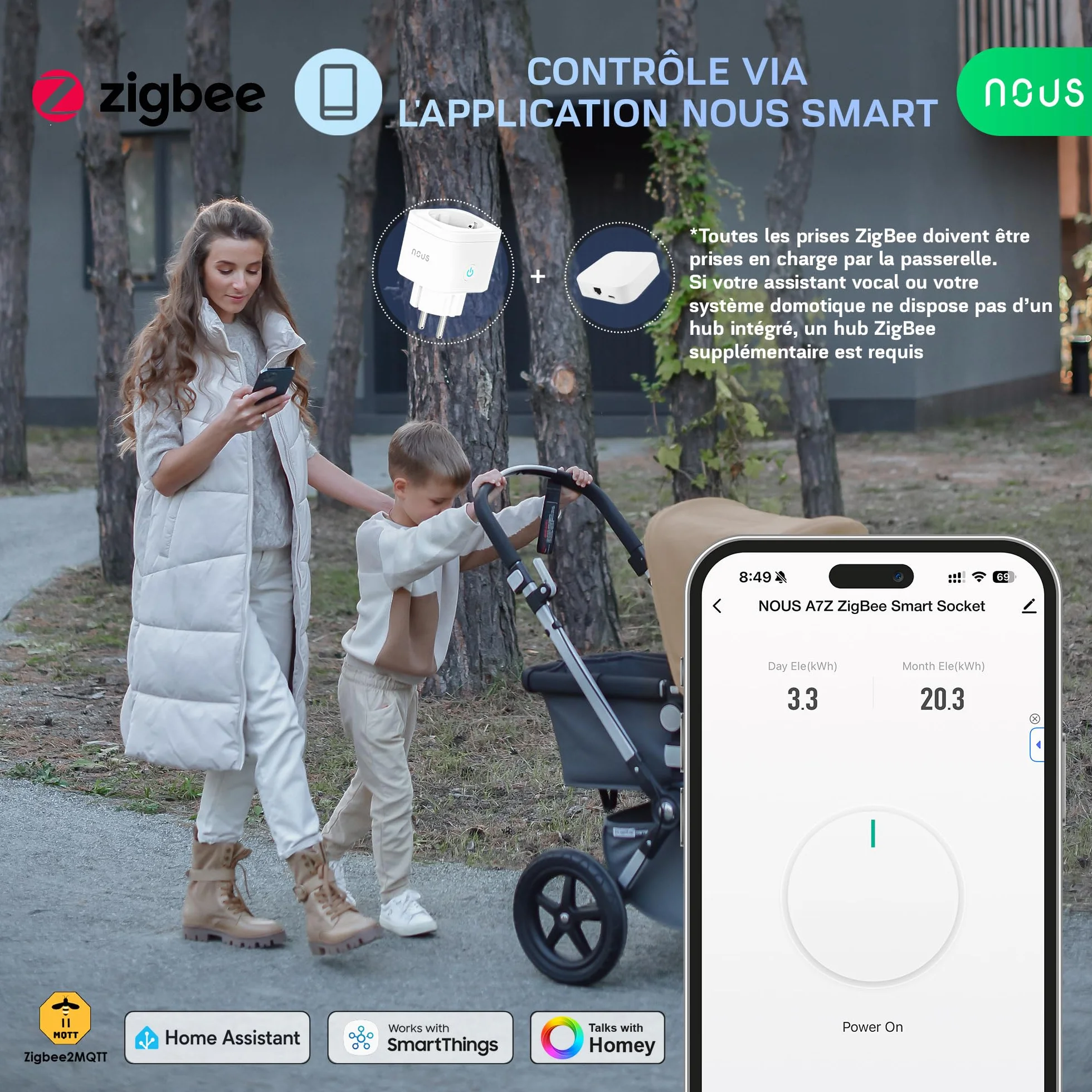NOUS A7Z Presa Intelligente ZigBee con Monitoraggio Energia, 16A, Controllo App & Voce, Timer e Programmi, Compatibile con Alexa, Google Home, Home Assistant, Tuya, Richiede Hub ZigBee, 2 Pack