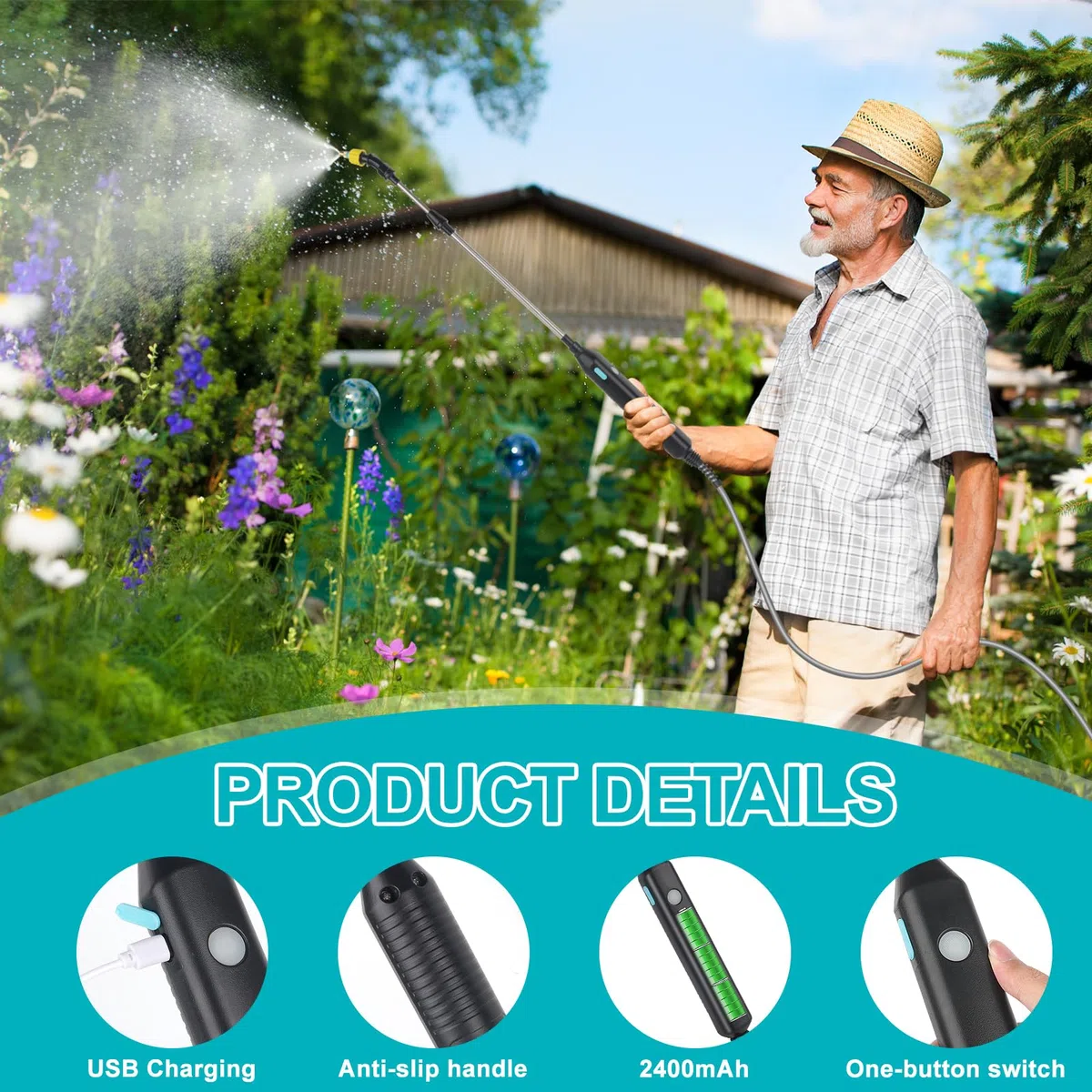 Mineup Spruzzatore Elettrico, 3.7 V Spruzzatore elettrico per piante da giardino, Nebulizzatore A Batteria USB per Casa, Spruzzatore a Pressione Elettrico con 3 Beccuccio Regolabile e 3M Tubo