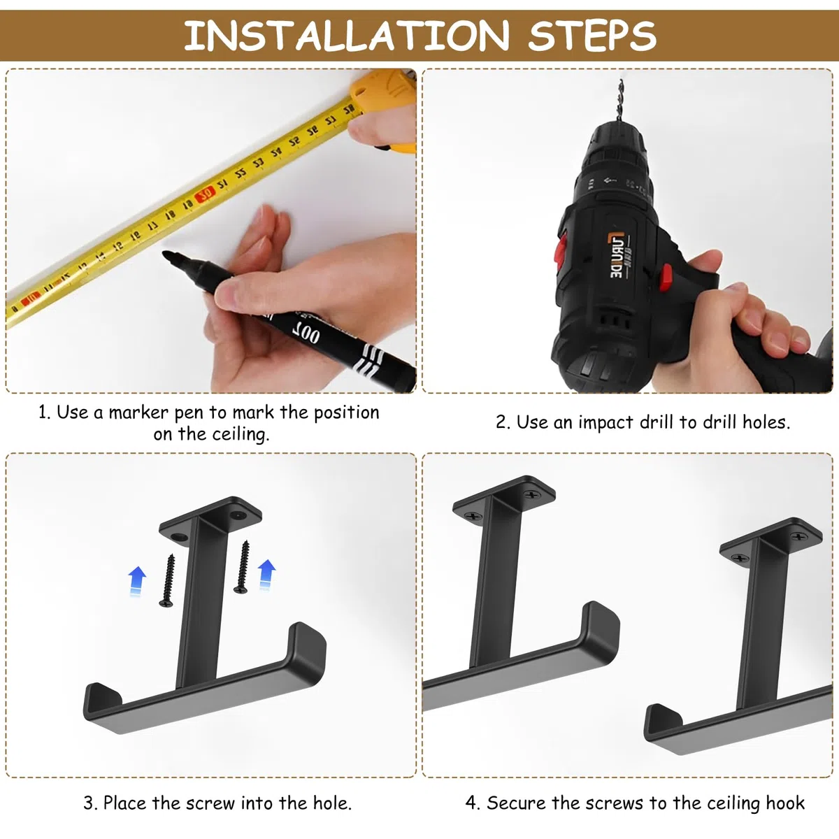 4 PzGanci Garage Parete, Ganci da Soffitto per Garages, Gancio Doppi per Attrezzi da Garage, Supporto Bici da MuroGanci da Parete per Carichi Pesant Biciclette Attrezzi Scale Portautensili(Nero)