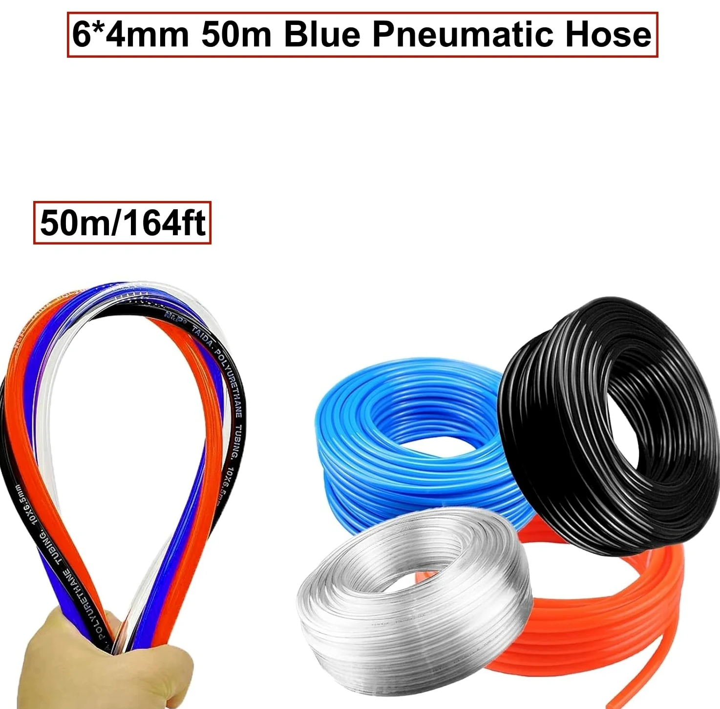Tubo pneumatico in PU blu HUAZIZ 50 M, tubo pneumatico in poliuretano, tubo flessibile per aria compressa, esterno 6 mm x interno 4 mm + 1 pezzo di tagliatubi blu + 1 pezzo di nastro in teflon rosa