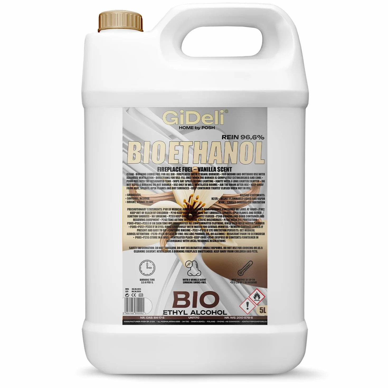 GiDeli bioetanolo 5l profumo di vaniglia 96,6% etanolo per caminetti interni ed esterni senza fumo e fuliggine - Da mais e barbabietole da zucchero