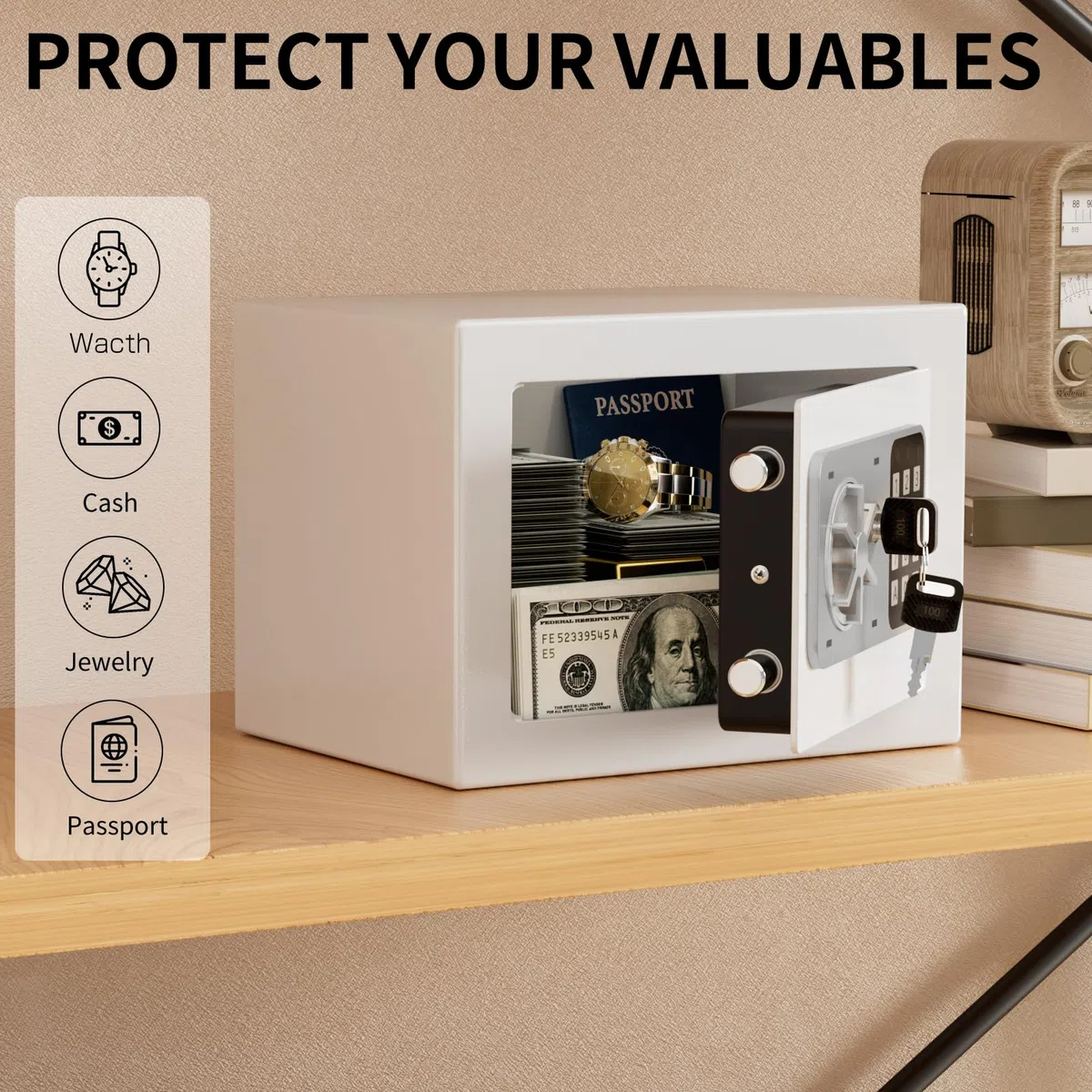 Cassaforte digitale da 6,8 l, piccola cassaforte per casa, cassetta di sicurezza elettronica, cassaforte da parete con 2 chiavi, mini cassaforte 23 x 17 x 17 cm, bianco