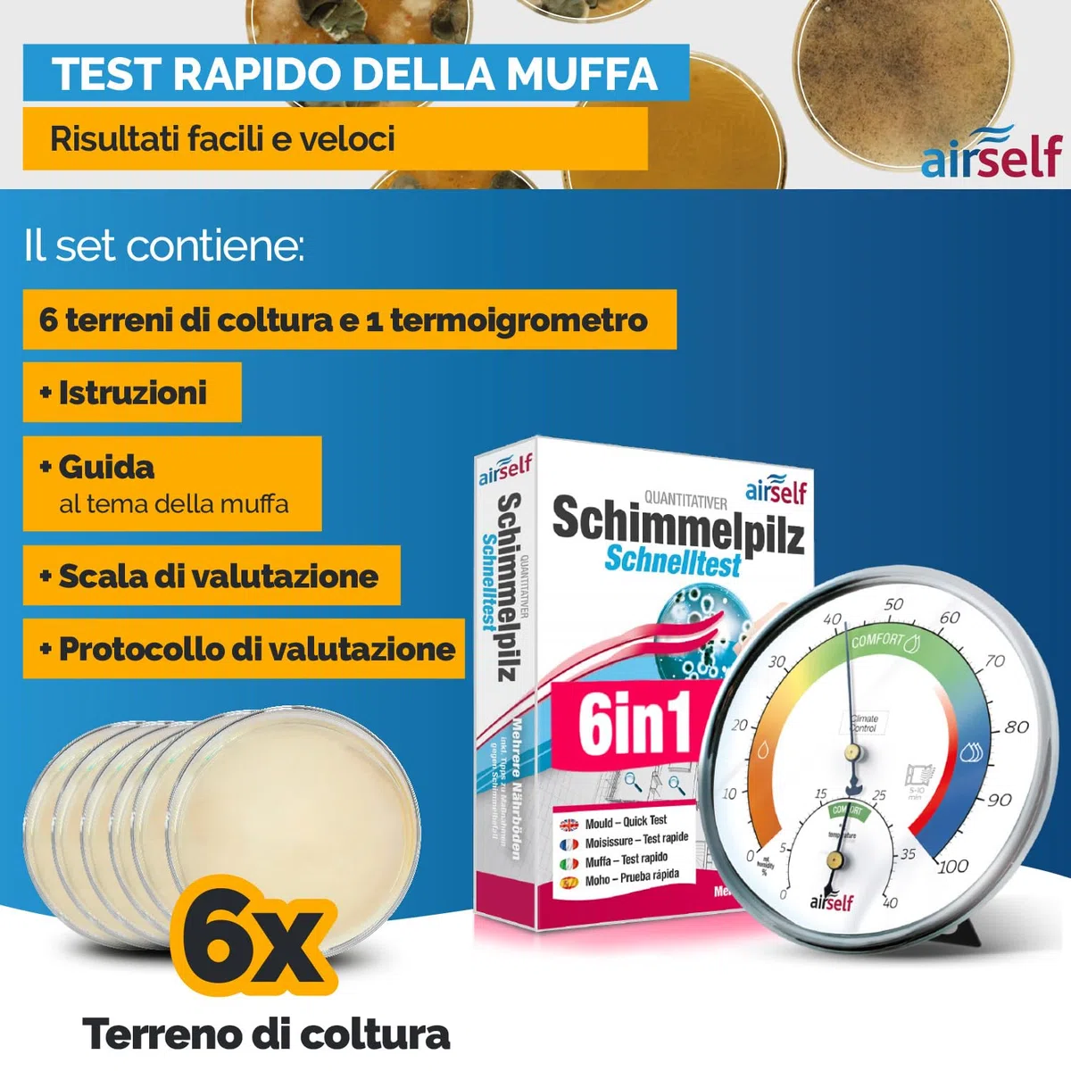 Test muffa + termoigrometro – controllo della qualità dell’aria in fino a 6 ambienti, con igrometro analogico per umidità e temperatura