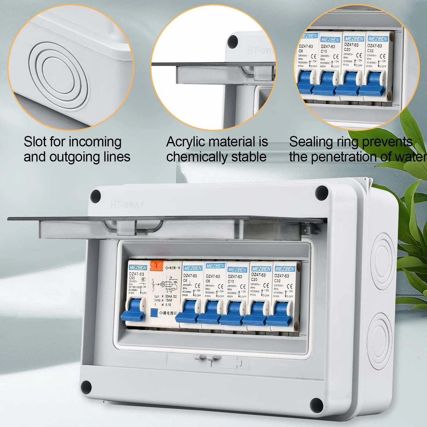 Scatola Elettrica da Esterno IP65, con 5 Vie Interruttore Dell'aria 2x6A+1x10A+1x20A+1x32A, Impermeabile Quadro Elettrico 63A, per Essere Utilizzato All'interno e All'esterno