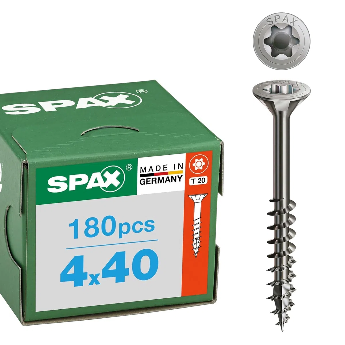 SPAX Viti in acciaio inox, 4 x 40 mm, 180 pezzi, filettatura parziale, a testa svasata T-STAR plus T20, 4CUT, in acciaio inox A2-800000276491