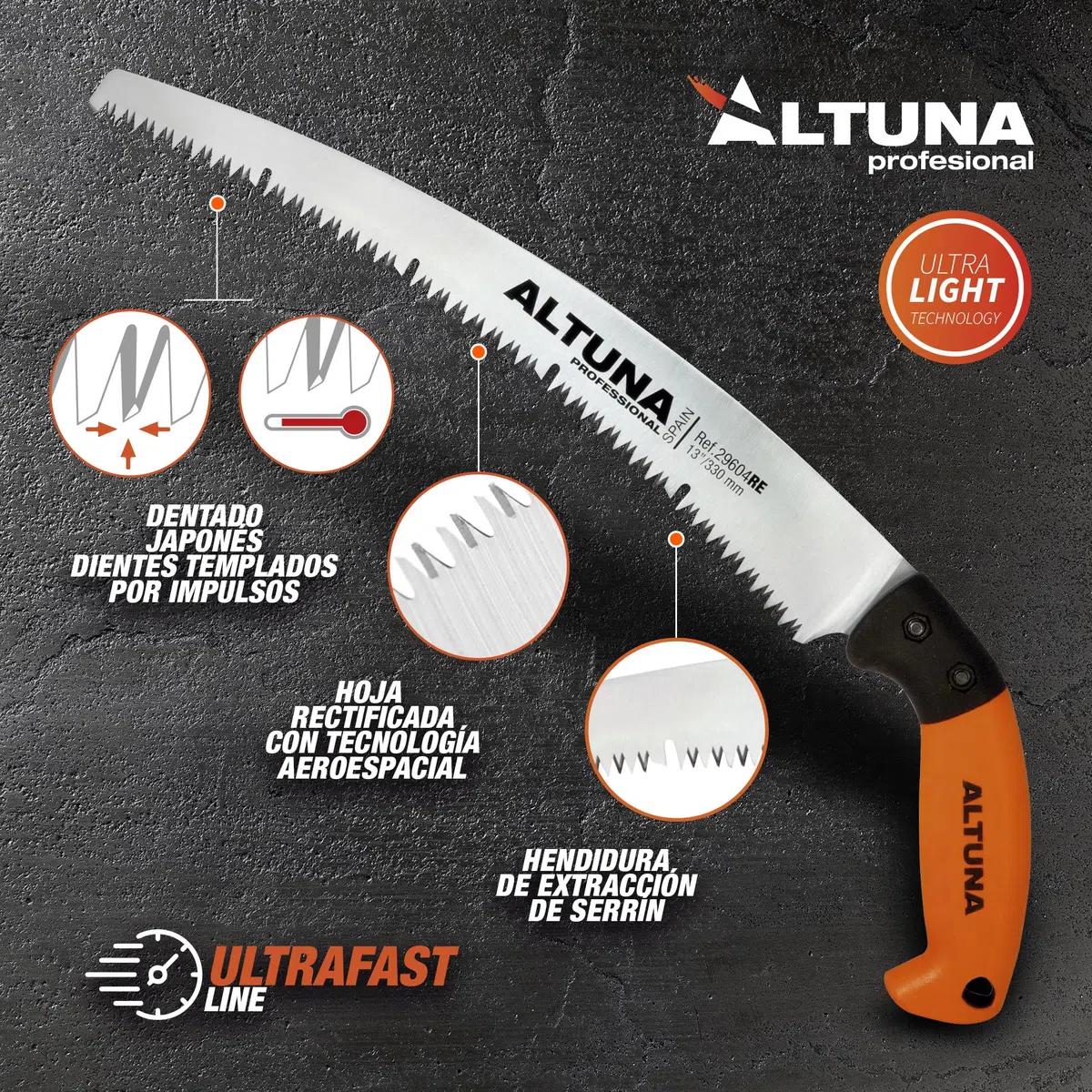 Seghetto di Potatura 29604RE330 - Dentatura Giapponese - Lama Rettificata 330mm - Impugnatura in Fibra Ergonomica - Sega a Mano per Legno - Resistente e Leggera - Include Custodia - Altuna