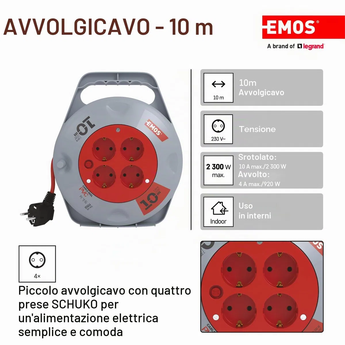 EMOS - Mini avvolgicavo 10 m - 4 prese Schuko - 230 V, 10 A, 2300 W - isolamento in PVC di alta qualità - H05VV-F3G 1,0 mm2 - con interruttore termico - IP20 per interni