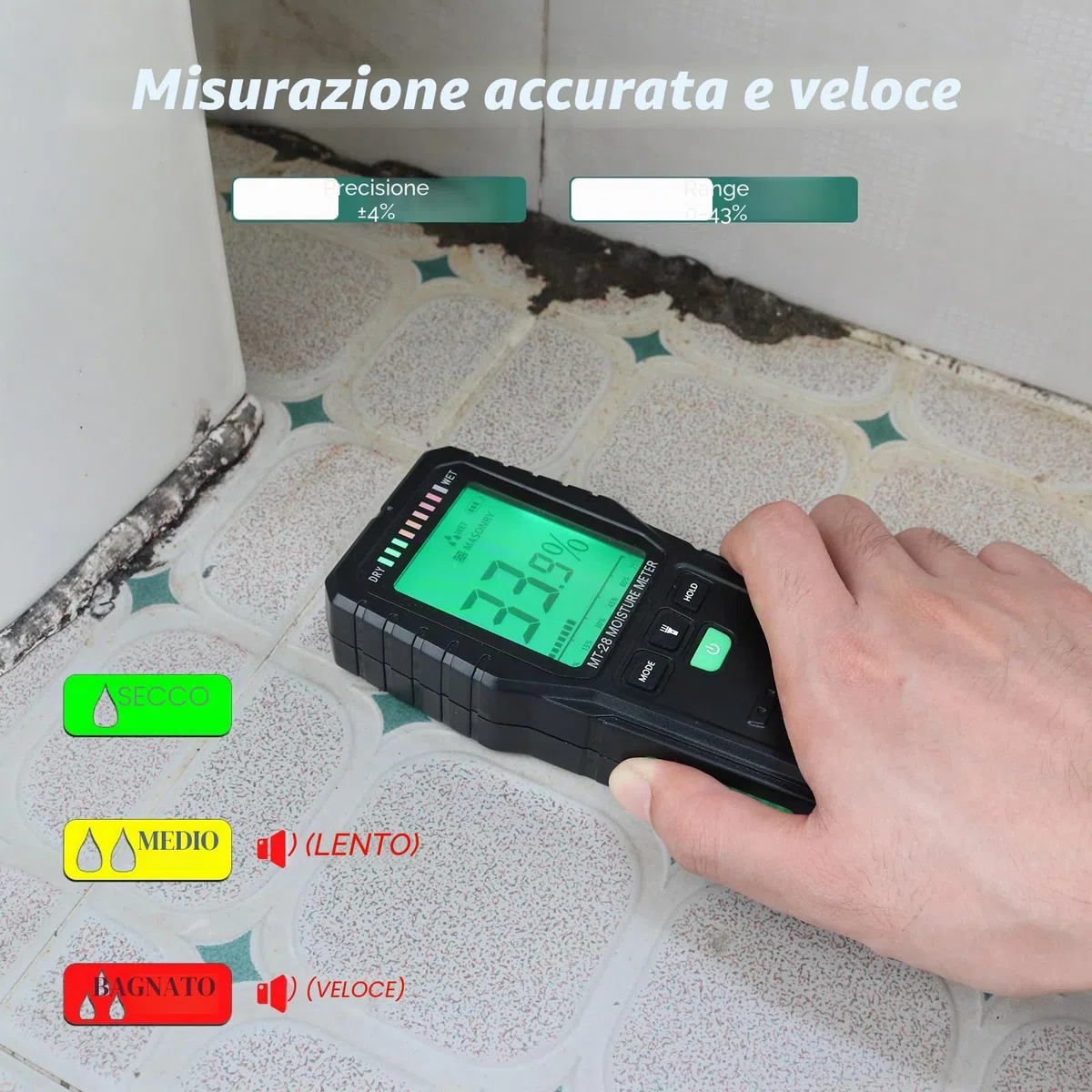 Misuratore di Umidità del Legno, Igrometro Digitale Professionale Rilevatore di Umidità per Legni, Muri e Pavimenti Tester di umidità Tester (MT28)