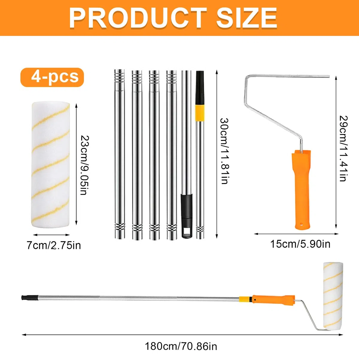 Rullo Pittura con Asta Telescopica Regolabile 30-180cm - Kit Completo per Pittura Murale - Strumento Professionale e Lungo per Verniciare Pareti