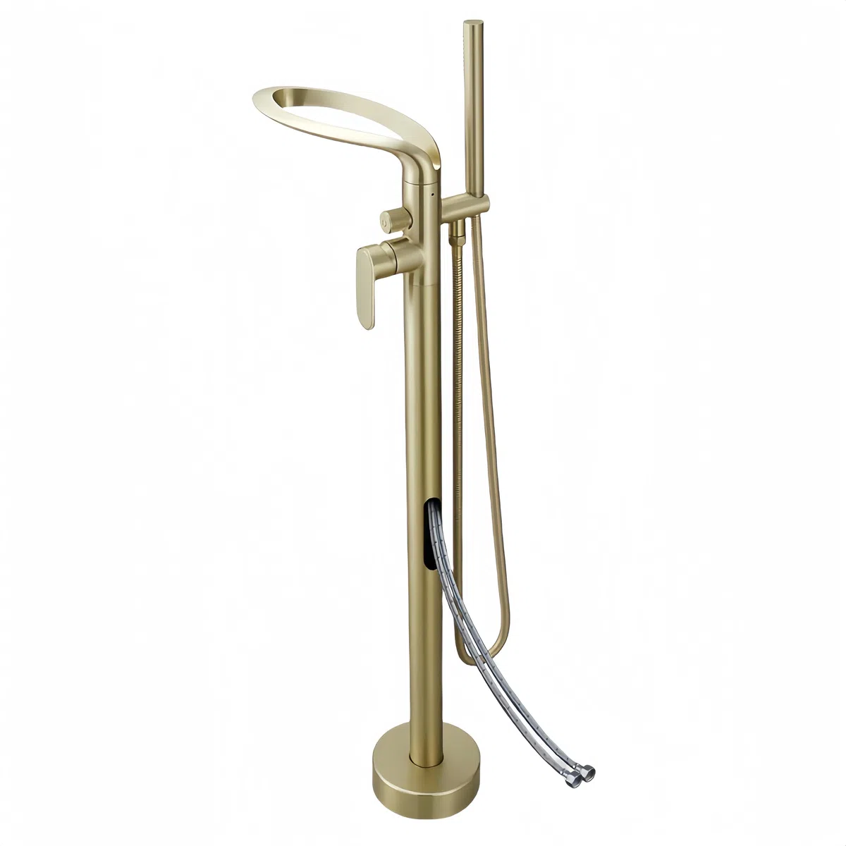 Grifo de bañera de Pie, mezclador de baño Tipo Cascada, cabezal de ducha de Mano para bañera, montaje en suelo, latón Negro (Oro cepillado-B)