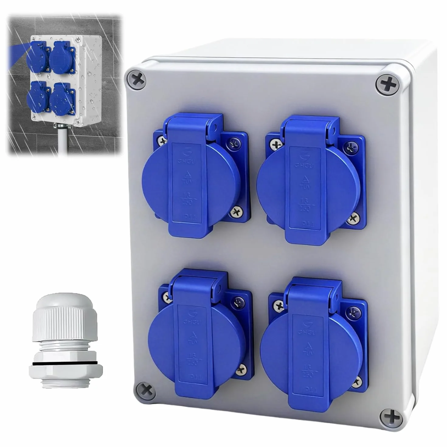 Distributore di corrente da parete 16 A precablato,scatola elettrica da parete con presa da 4 x 230 V Schuko IP44, impermeabile a parete per cantieri case interni ed esterni