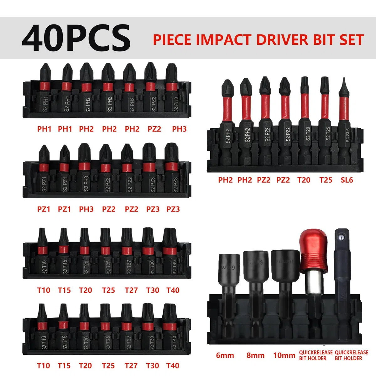 Set di 40 punte per cacciavite a percussione con alloggiamento robusto, in acciaio S2, punte da trapano a percussione lunghe 2,5 cm e 5,1 cm con supporto retrattile e cacciavite magnetico per