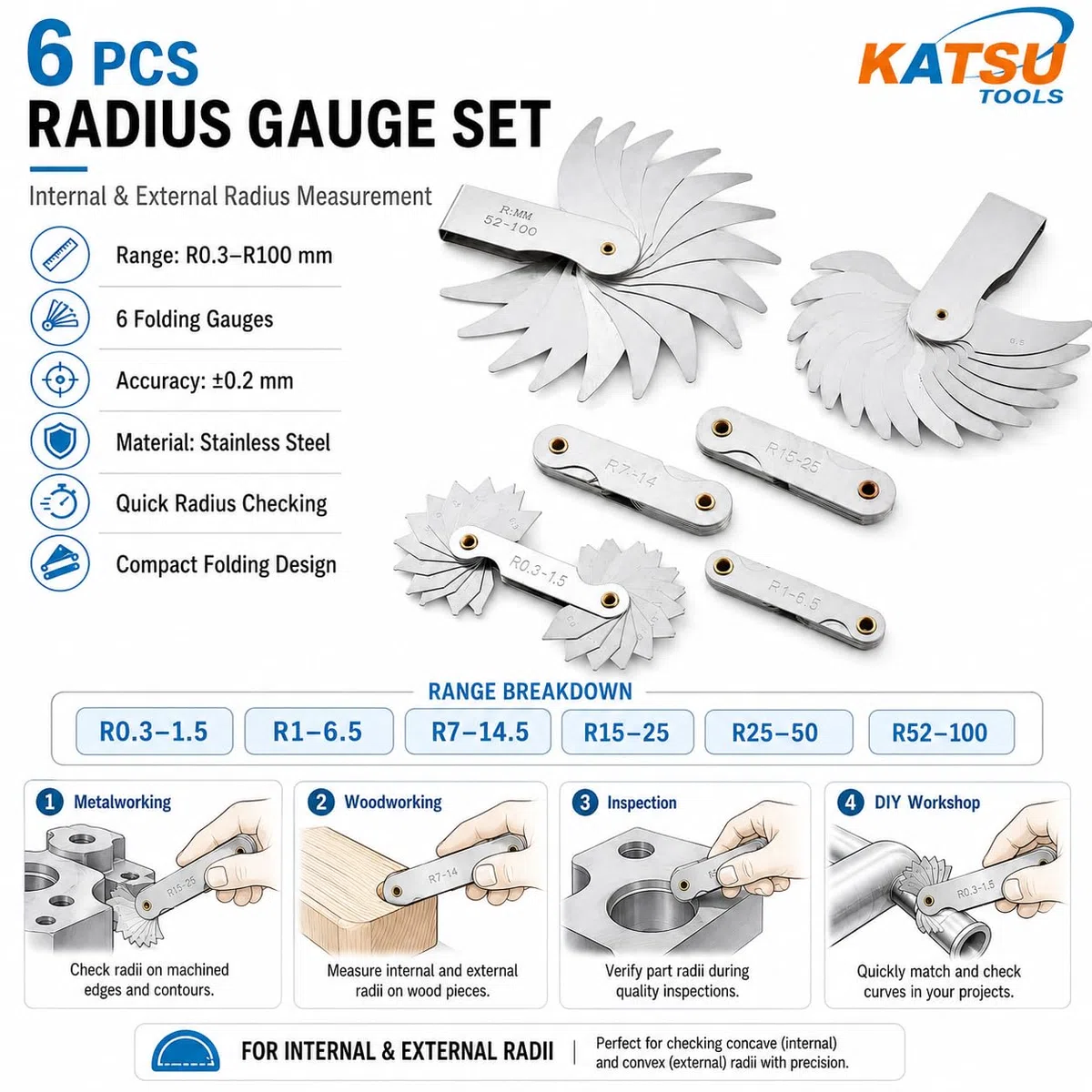 KATSU Set di misuratori di raggio 6 Pezzi R0.3-1.5 / R1-6.5 / R7-14.5 / R15-25 / R25-50 / R52-100 misuratori di filetti di raggio in metallo Strumento di misura portatile concavo convesso