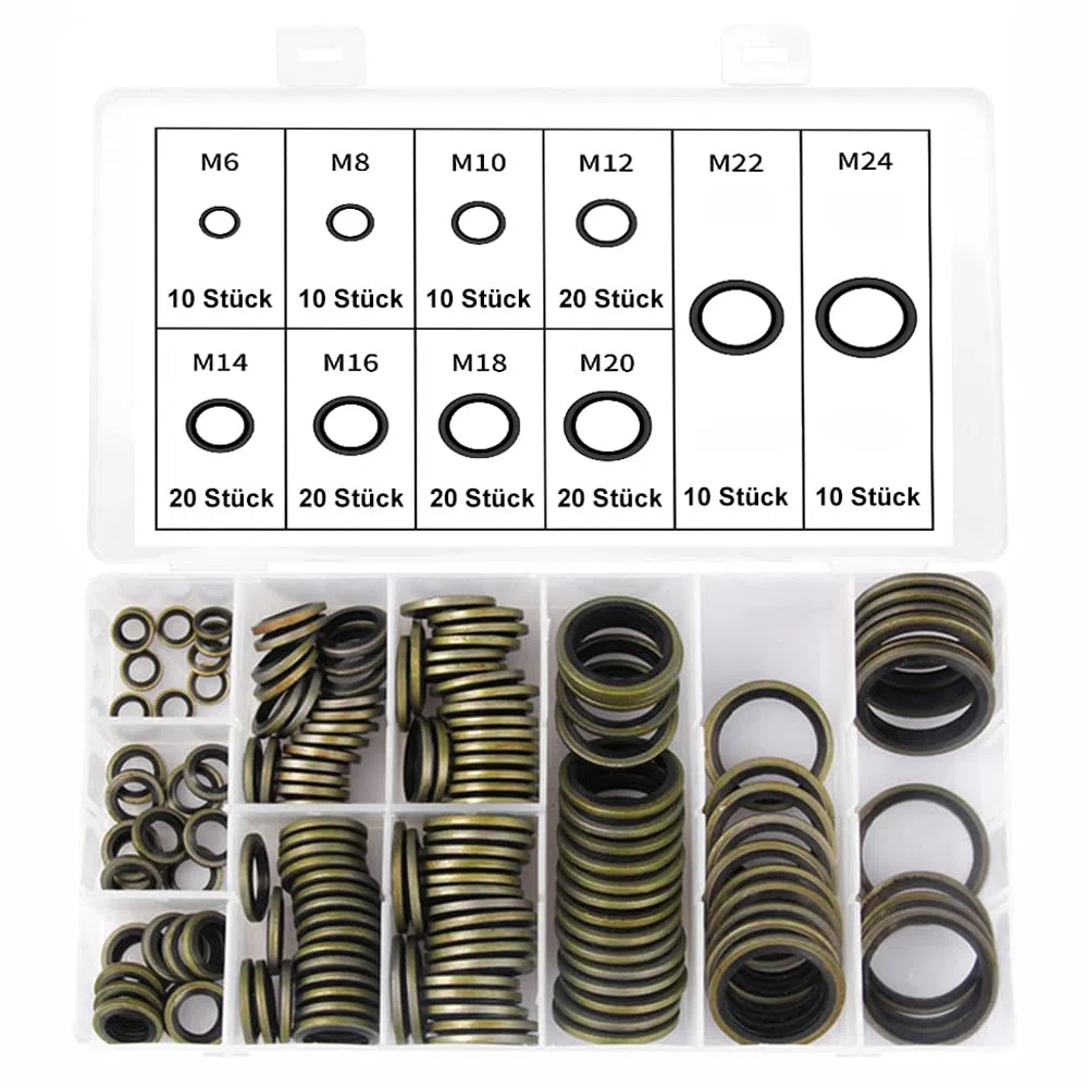 Rondella Piatta con Labbro in Gomma, 150 pezzi Kit Piatte Guarnizione Anelli di Tenuta, 10 Taglie Rondelle, Guarnizione per Tappo di Scarico, Riparazione Auto, Ø 6-24 mm