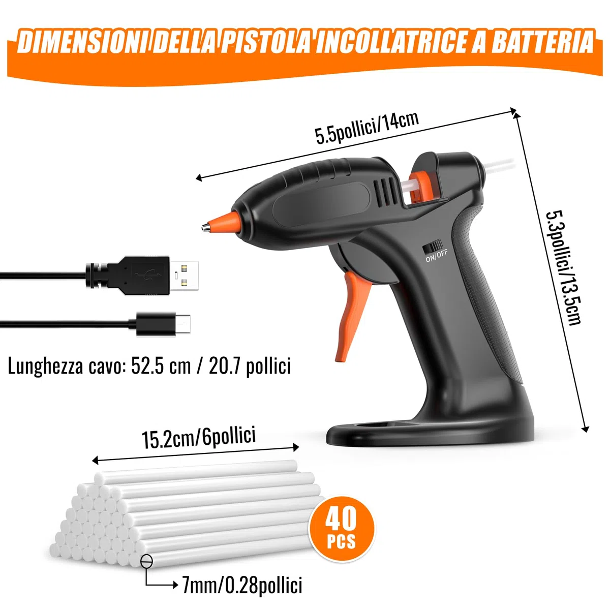 BURNNOVE Pistola per Colla a Caldo Senza Fili, Pistola per Colla a Caldo a 3000mAh Batteria Cavo di Ricarica USB-C 40 Bastoncini di Colla da 7 x 150mm per Lavori Fai da Te Riparazioni Rapide
