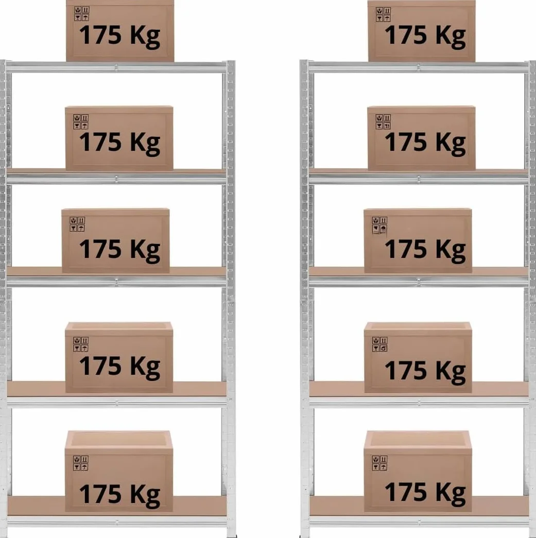 Scaffale in Metallo Zincato e MDF Per Carichi Pesanti Portata 875 kg Con 5 Ripiani Regolabili da 175 kg Per Garage, Magazzini, Cantine 180x90x40 cm