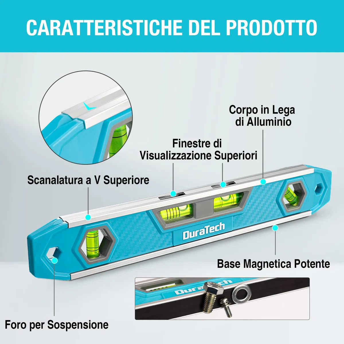 DURATECH Livella Torpedo Magnetica 300 mm con 4 Fiale ad Alta Visibilità – Angoli 45/0 / Pendenza a 5 Linee / 90 Gradi, Corpo in Lega di Alluminio, Base Magnetica Potente