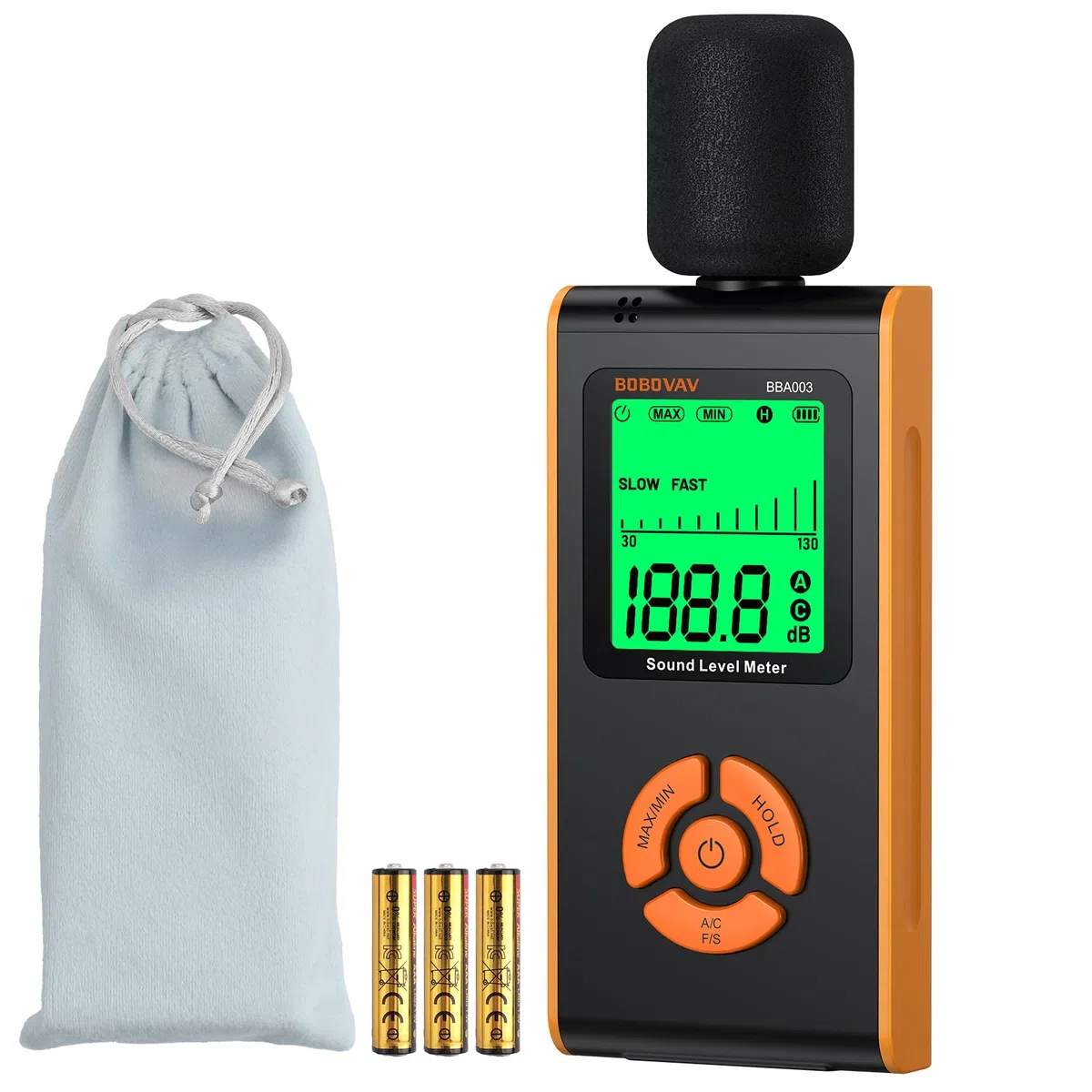 Fonometro Professionale con Ponderazione A/C, Misuratore SPL Portatile,Gamma 30-130 dB Display LCD Retroilluminato e Modalità FAST/SLOW per Fabbrica,Trasporto,Ufficio,Aula