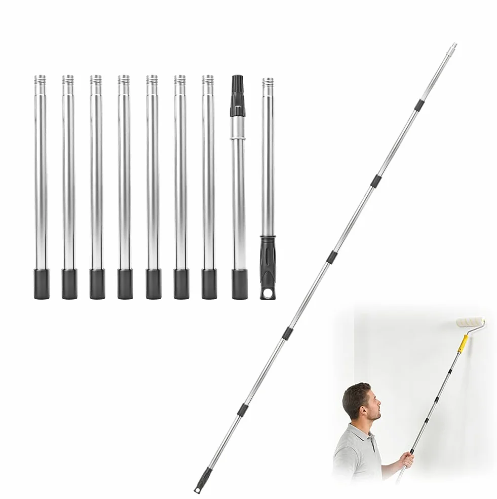 Asta Telescopica 3,6 m, Rullo Pittura, Prolunga in Acciaio Inox Leggera, 9 Sezioni Estensibili per Pittura, Pulizia Finestre, Grondaie, Adattatore Conico, Filetto a Spirale