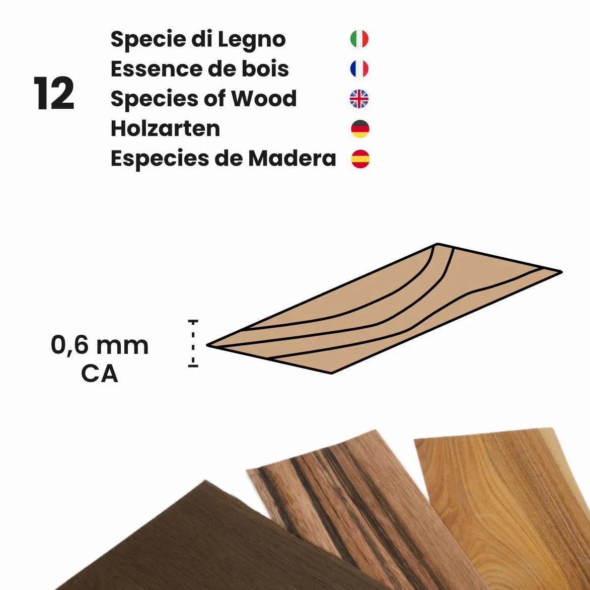 Kontrasti Set Impiallacciatura per Intarsio - 12 Tipi di Legno x 24 Fogli, Pronto per Fai Da Te, Progettazione, Modellismo, Restauro
