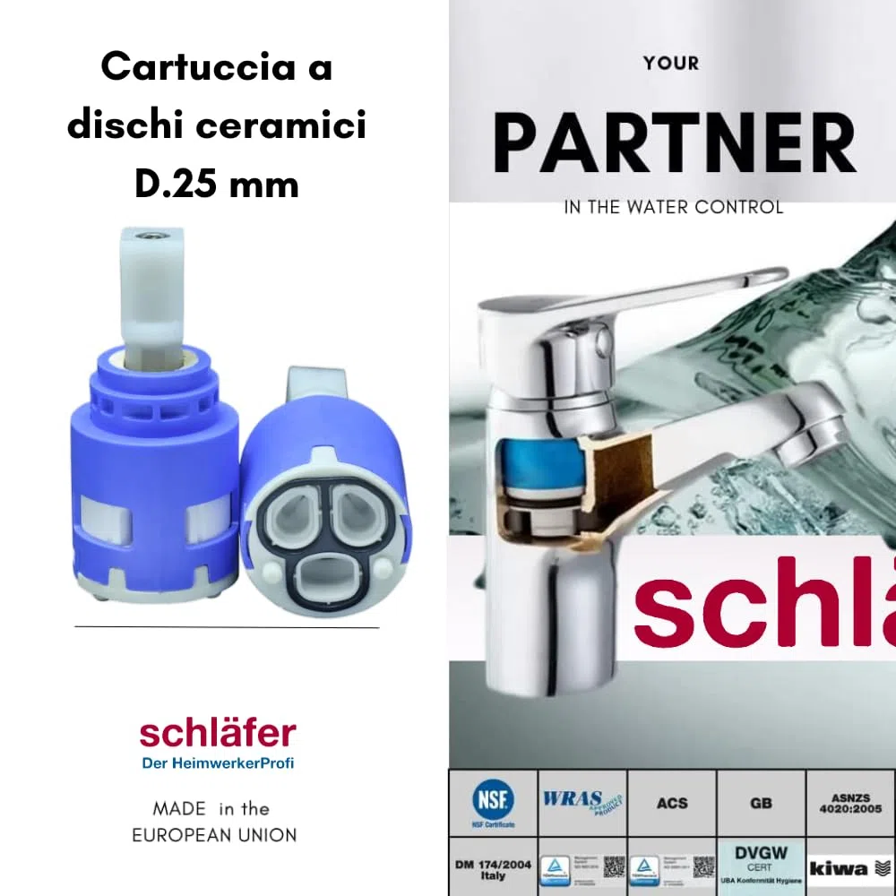 Schläfer 480051 | Cartuccia Miscelatore 25mm, Cartuccia di Ricambio per Miscelatori in Ceramica Bassa con 2 Piedini, per Rubinetti Miscelatori Cucina, Bagno, Doccia e Vasca, Modello Kerox K25 Ops