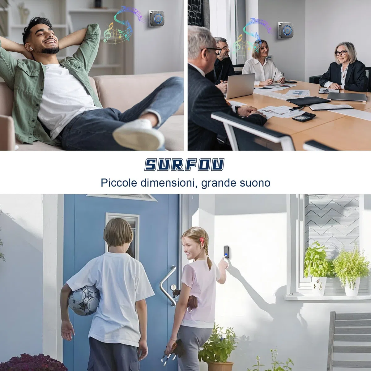 SURFOU Campanello Senza Fili da Esterno Interno, Campanello Casa Wireless Pulsante a Lunga Distanza di 400m, 55 Suonerie, 5 Volumi Selezionabili (2 nero ricevitore + 1 nero trasmettitore)