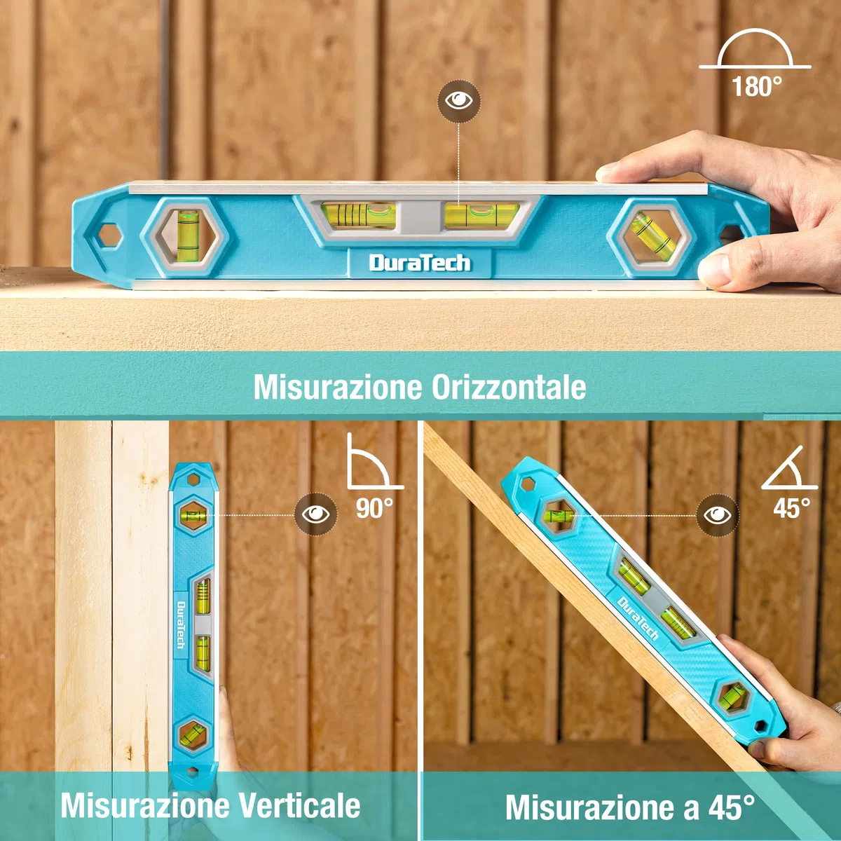 DURATECH Livella Torpedo Magnetica 300 mm con 4 Fiale ad Alta Visibilità – Angoli 45/0 / Pendenza a 5 Linee / 90 Gradi, Corpo in Lega di Alluminio, Base Magnetica Potente