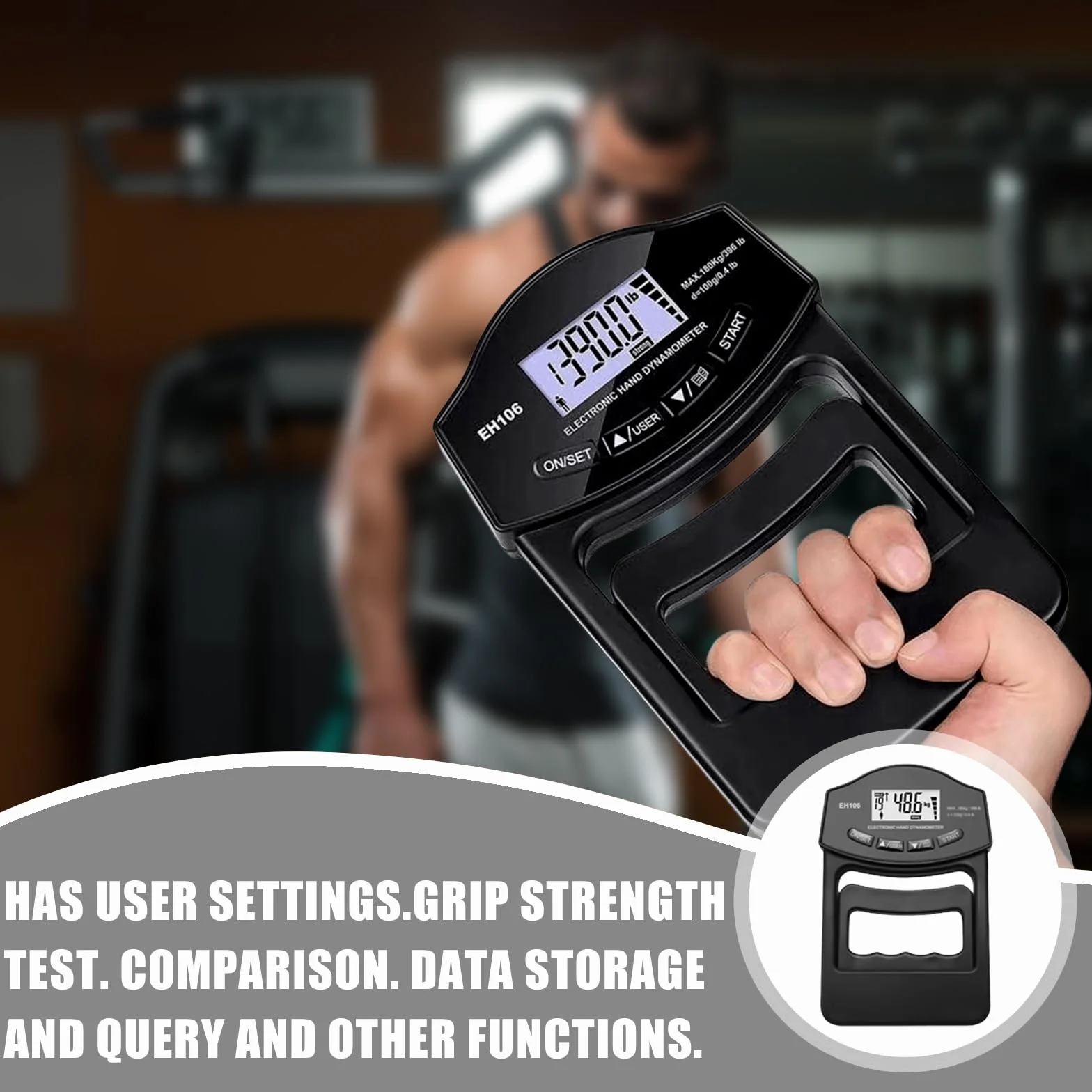 Misuratore di forza manuale digitale, 396lb/180 kg, misuratore di forza manuale, con presa sensibile, tester di forza elettronica, grande schermo LED con cavo di ricarica USB (nero)