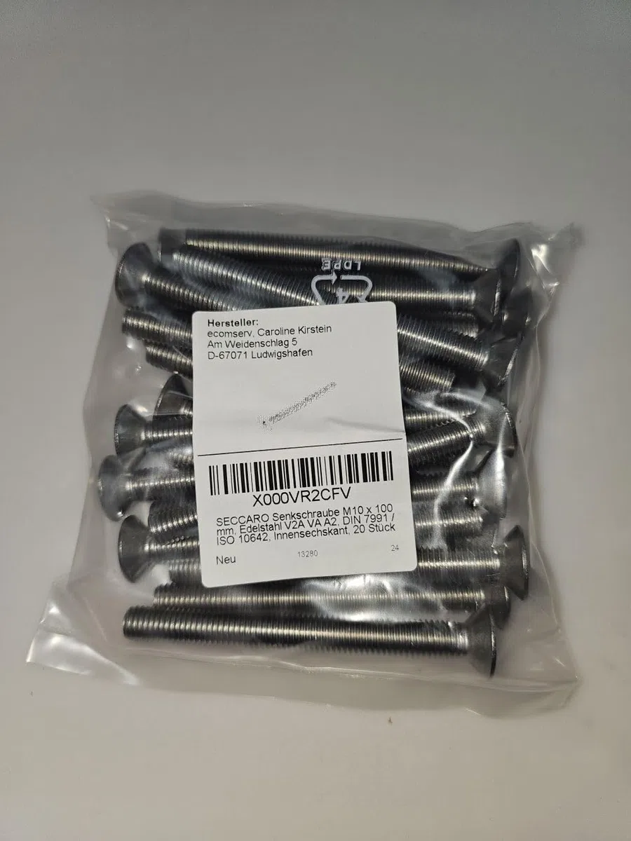 Vite a testa svasata SECCHARO M10 x 100 mm, acciaio inox V2A VA A2, DIN 7991 / ISO 10642, esagono incassato, 20 pezzi