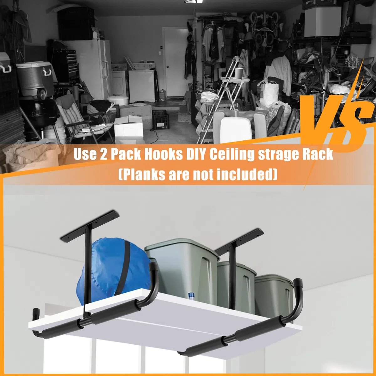 Sinoer Metal Garage Ganci di stoccaggio a soffitto, ganci montati a parete, ganci utilitari resistenti per scala, bici, legno, strumenti e altri oggetti sfusi (4 Pack, nero)