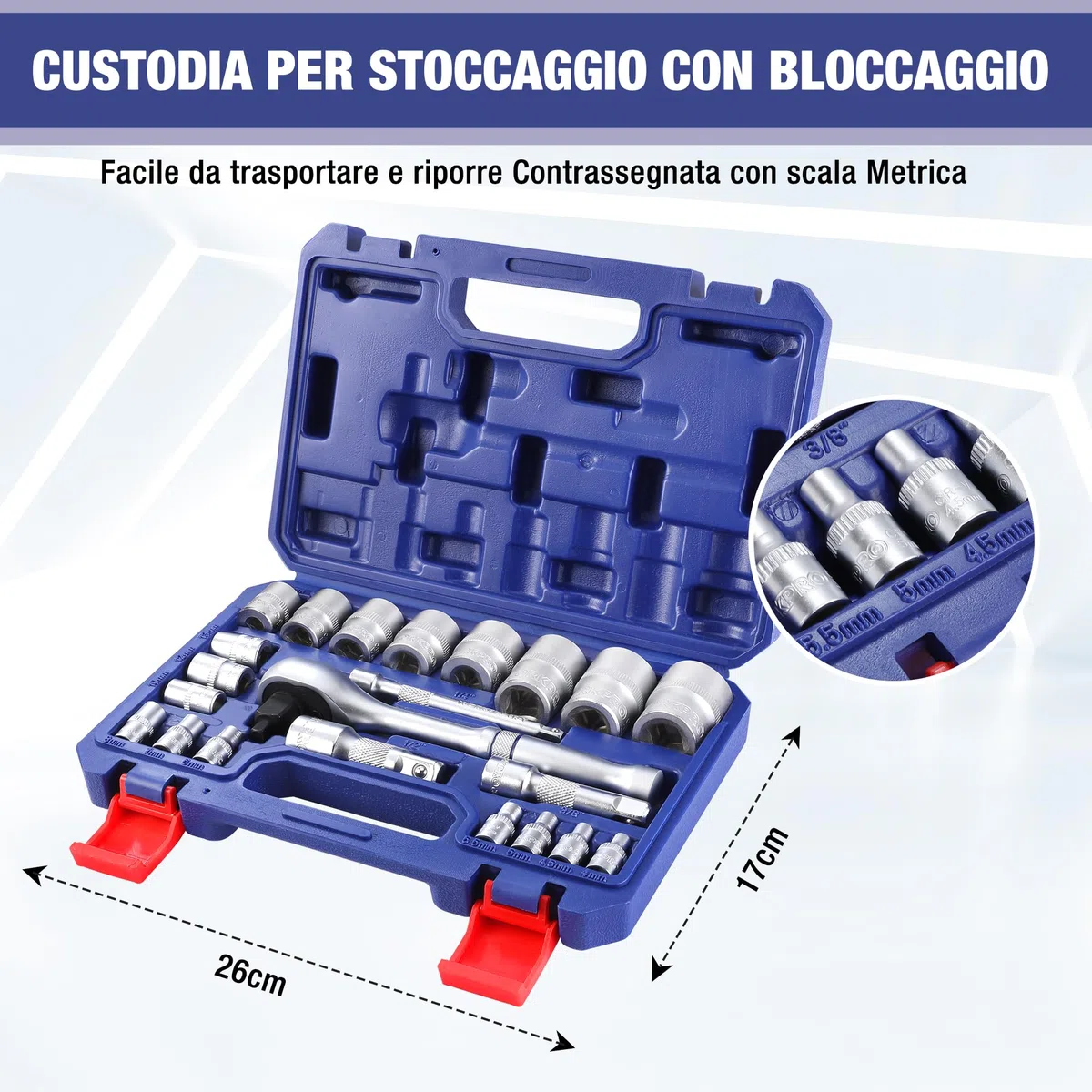 WORKPRO Set di Chiavi a Bussola da 22 Pezzi, con Chiave a Cricchetto 3 in 1, Chiavi a Bussola da 1/4", 3/8", 1/2", Barra di Prolunga, 72 Denti, con Custodia